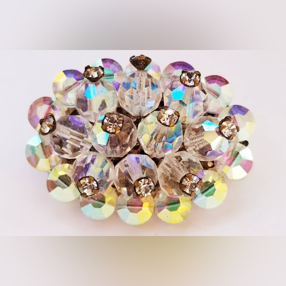 Vintage Silver Brooch with AB Glass Beads